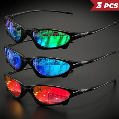 3PCS Futuristic Small Frame Colorful Sports Sunglasses - Wraparound Fit, UV400 for Cycling, Fishing & Travel