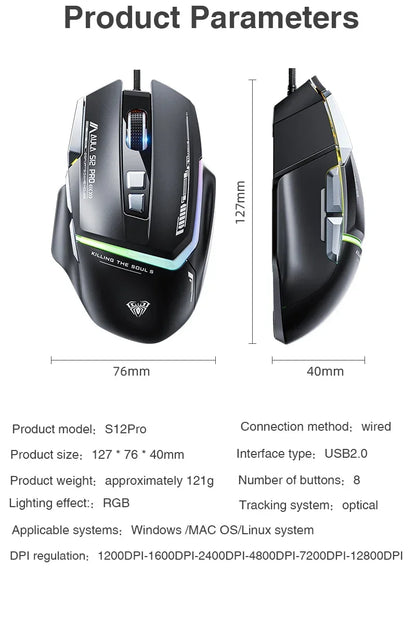 AULA S12Pro káblová mechanická myš 1000HZ 12800DPI RGB s nízkou latenciou, programovateľnými makrami – e-športová herná myš, príslušenstvo pre PC hráčov