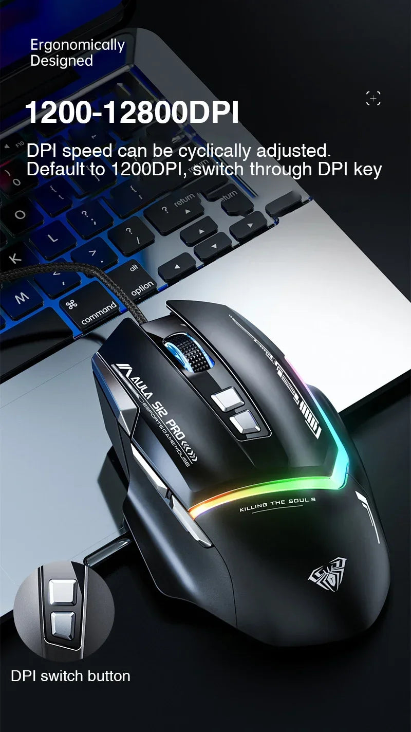 AULA S12Pro káblová mechanická myš 1000HZ 12800DPI RGB s nízkou latenciou, programovateľnými makrami – e-športová herná myš, príslušenstvo pre PC hráčov