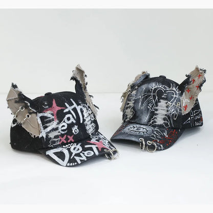 Celebrity-Inspired Niche Rabbit Ear Denim Ripped Baseball Cap Washed Graffiti Hip-Hop Sun Hat Trendy Cap