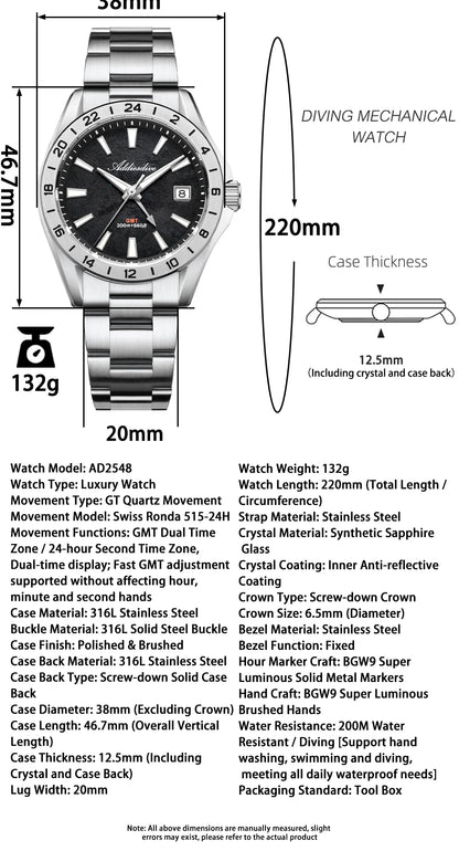 ADDIESDIVE GMT Men Quartz Watch Sapphire Crystal Swiss Ronda 515-24H Dual Time BGW9 Super Luminous 20Bar Waterproof Diver Watch