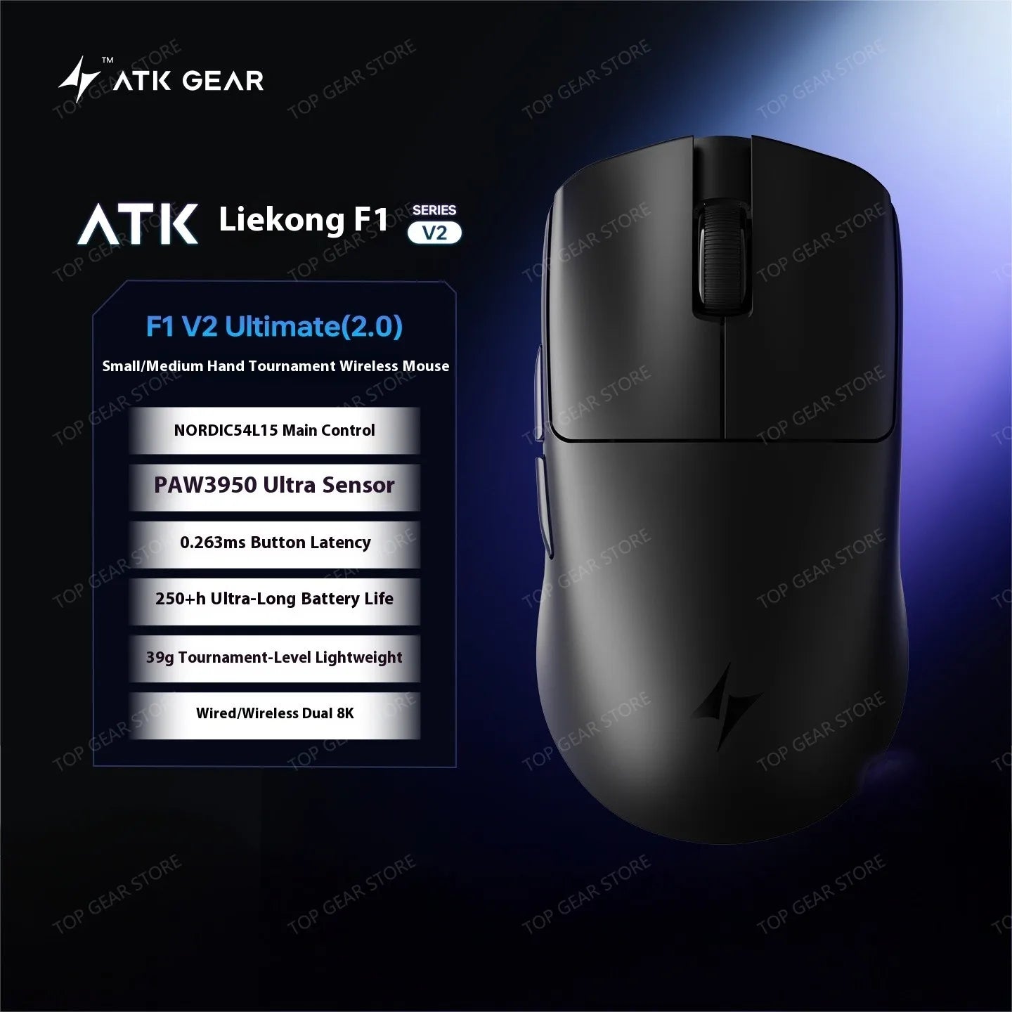 Ratón gaming inalámbrico trimodo ATK F1 V2 Ultra MAX PAW3950, doble 8K, ligero y ergonómico, ratón esports, accesorio personalizado para PC