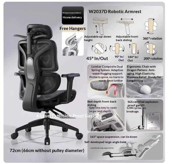 Silla de oficina de malla ergonómica con soporte lumbar ajustable, giratoria y reclinable, con reposacabezas y ruedas, para home office, oficina y gaming