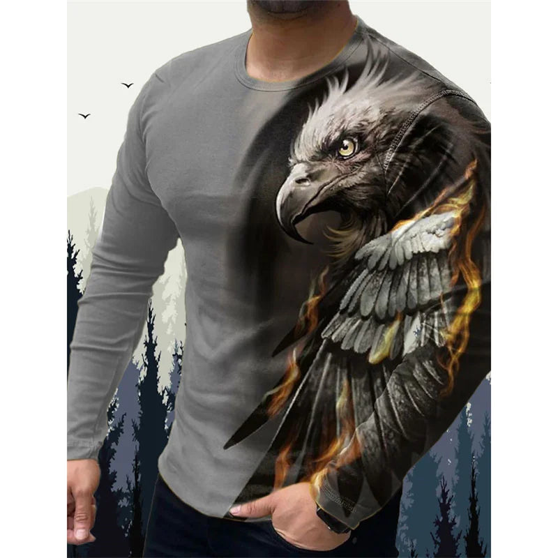 3D-printet Wolf Eagle T-shirt til mænd – T-shirts med vintage dyremønster – forår/efterår – langærmede T-shirts med rund hals – løse street-T-shirts