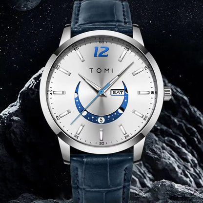 Montre à quartz TOMI, style business et élégant, avec bracelet en cuir, boîtier en alliage et cadran à aiguilles – Design haut de gamme, idée cadeau pour homme