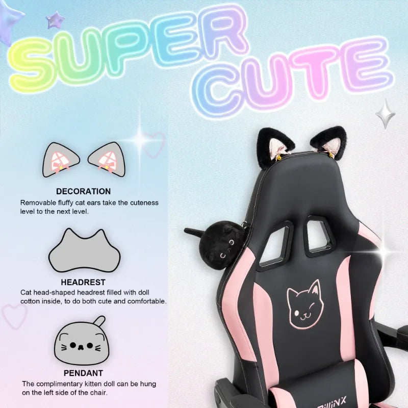Niedlicher Gaming-Stuhl mit Katzenohren, Fußstütze, pinker Kawaii-Computerstuhl, ergonomischer Gamer-Sitz mit hoher Rückenlehne und Lendenstütze in Katzenpfotenform