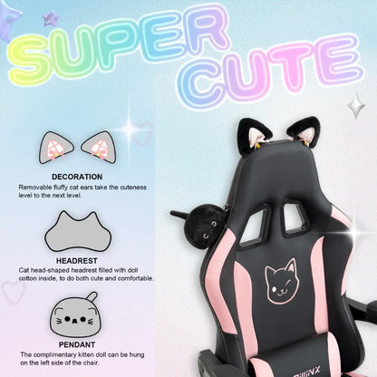 Niedlicher Gaming-Stuhl mit Katzenohren, Fußstütze, pinker Kawaii-Computerstuhl, ergonomischer Gamer-Sitz mit hoher Rückenlehne und Lendenstütze in Katzenpfotenform