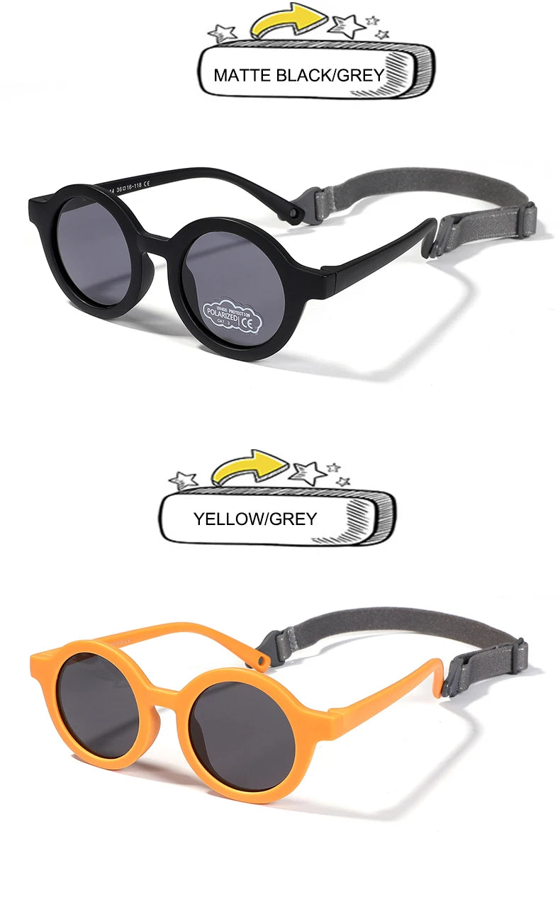 Kids Round TAC Polarized Baby Sunglasses for Toddler Boys Girls TPEE Flexible Soft Frame with Strap for Infant Age 0-3 Shades