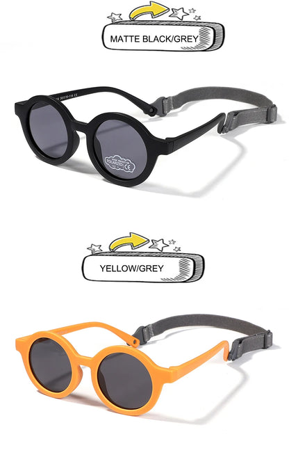 Kids Round TAC Polarized Baby Sunglasses for Toddler Boys Girls TPEE Flexible Soft Frame with Strap for Infant Age 0-3 Shades