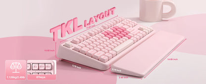 YUNZII B87 Pink Mechanical Gaming Keyboard, QMK/VIA Custom Gasket RGB Keyboard, Wireless Aesthetic Keeb, Wrist Rest for Win/Mac