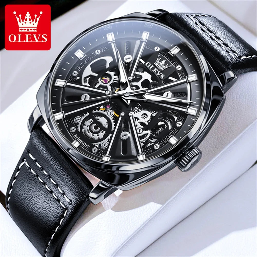 OLEVS 6685 Men's Watches Mechanical Wristwatch 30m Waterproof Luminous Leather Strap Original Man Watch