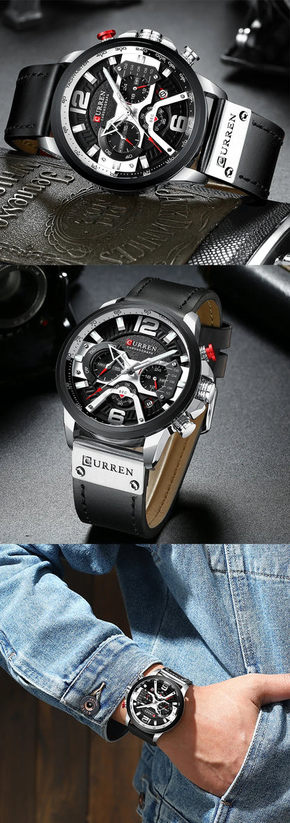 CURREN 8329 herreur – Afslappet sportsstil, militærinspireret design, læderrem, trendy kronograf, luksusur fra et kendt mærke