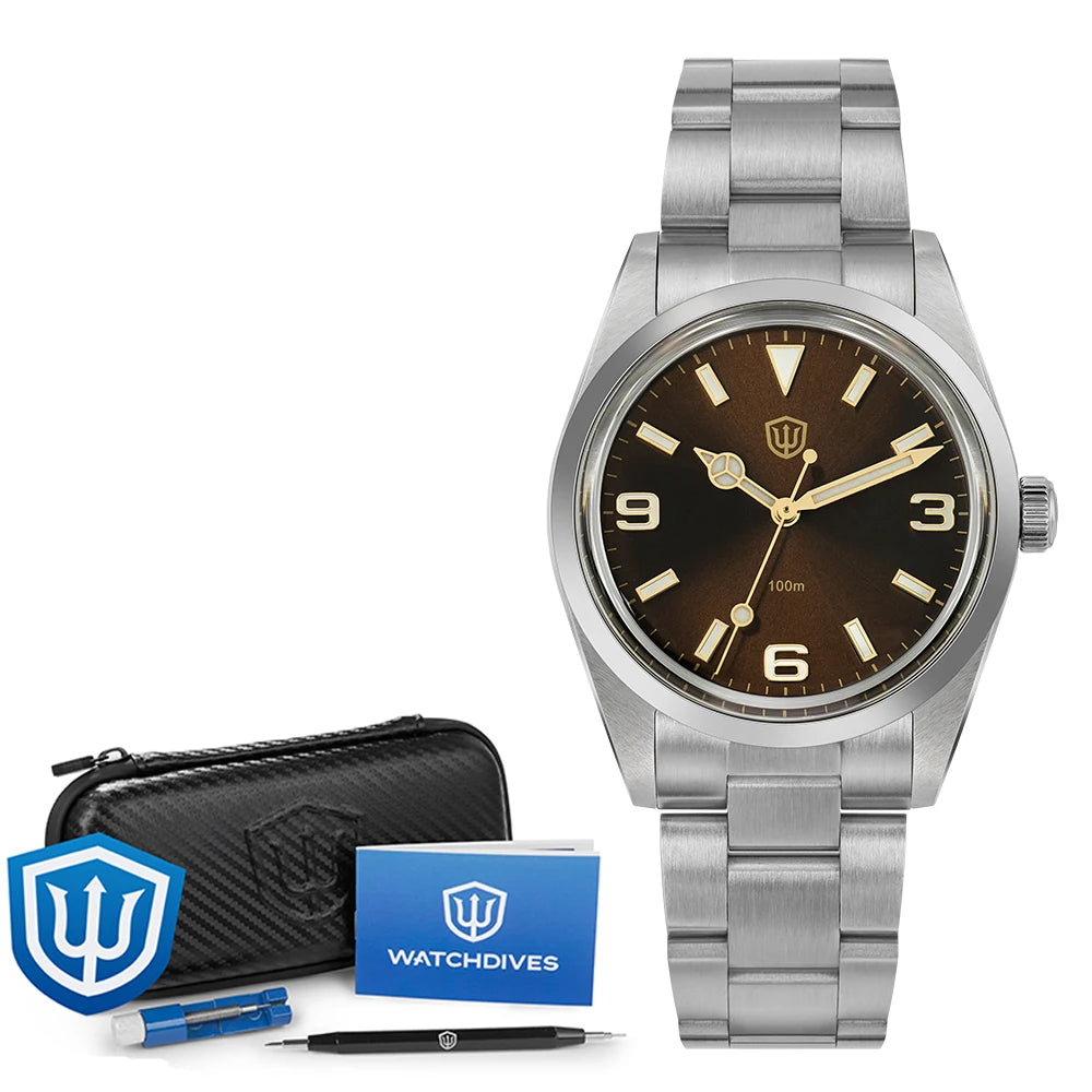 Relógio Watchdives WD1016 V3 37mm com movimento VH31 Sweep em aço inoxidável, safira de luxo, impermeável 100m, relógio para homem com caixa de oferta