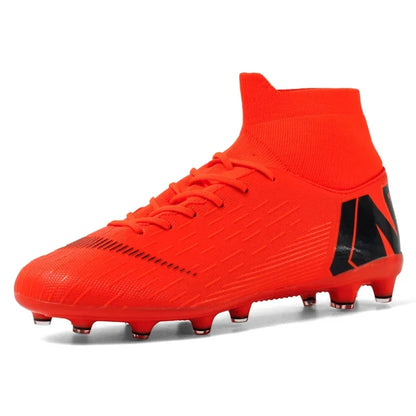 Crampons de Football pour hommes, bottes de Football, crampons d'entraînement, professionnels, résistants à l'usure, antidérapants, longues pointes TF/FG, rouge, nouveau