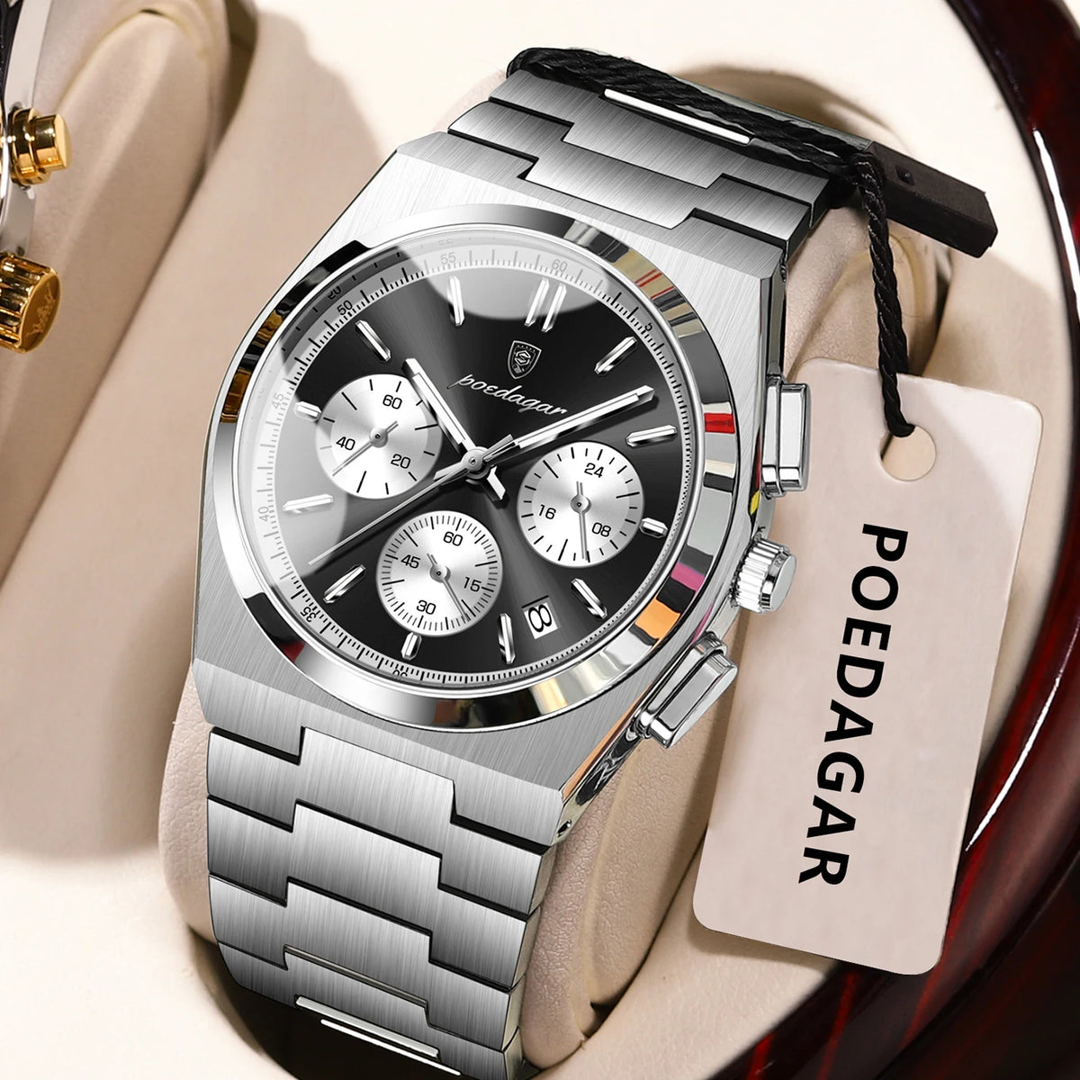 Montre pour homme POEDAGAR – Chronographe de luxe en acier inoxydable, avec date, étanche et luminescente – Montre-bracelet sportive à quartz