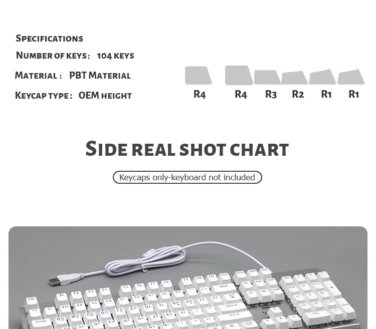 104 Tasten Koreanische, französische, russische, spanische und deutsche hintergrundbeleuchtete Tastenkappen für mechanische Tastaturen mit MX-Switches, OEM-Profil, ABS-Keycaps, DIY