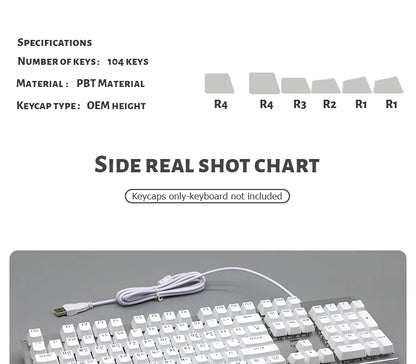 104 Tasten Koreanische, französische, russische, spanische und deutsche hintergrundbeleuchtete Tastenkappen für mechanische Tastaturen mit MX-Switches, OEM-Profil, ABS-Keycaps, DIY