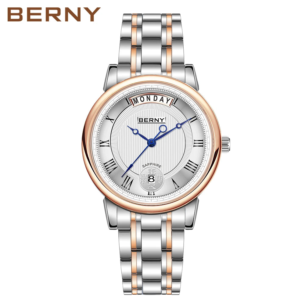 BERNY Women Watch Ladies Quartz Roman Numerals Day Top Calendar Watches Sapphire Glass Solid Steel Strap Women Wristwatch