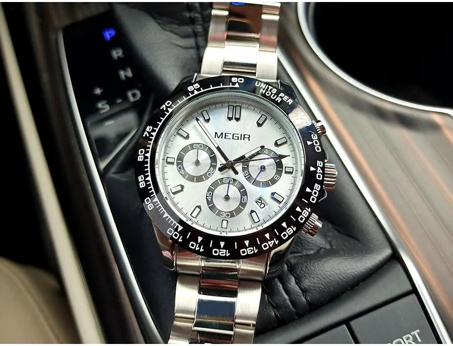 MEGIR men’s watch, luxury brand, quartz sports watch, stainless steel bracelet, water-resistant, chronograph, wristwatch