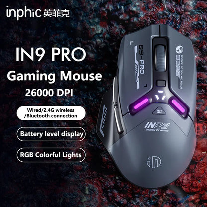 Ratón gaming inalámbrico Inphic IN9PRO 26000DPI, tasa de sondeo 8K, Bluetooth 5.0, con cable, 2.4G, trimodo, RGB, ergonómico