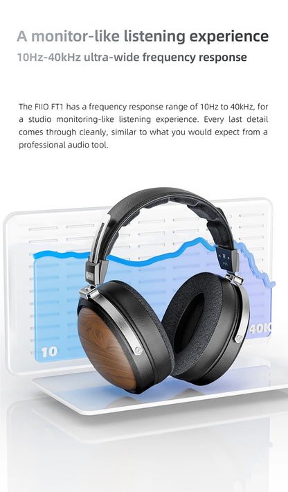 FiiO FT1 Professional Wired HiFi Monitor Headphones – North American Walnut Over-Ear Dynamic Stereo Headset with Leather & Metal Build
