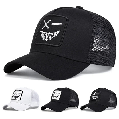 Unisex X Baseball-Netzkappen mit Stickerei eines lächelnden Gesichts und Zähnen – Sonnenhut für Frühling und Sommer, im Freien, mit Sonnenschutz, verstellbare Freizeit-Trucker-Kappen