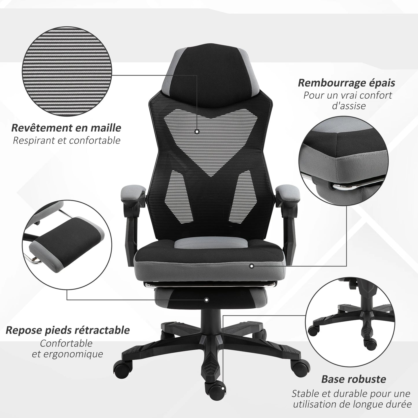 Ergonomic Gaming Office Chair with Footrest, Adjustable Height Swivel Computer Chair, Mesh Reclining Chair with Armrests for Home & Work