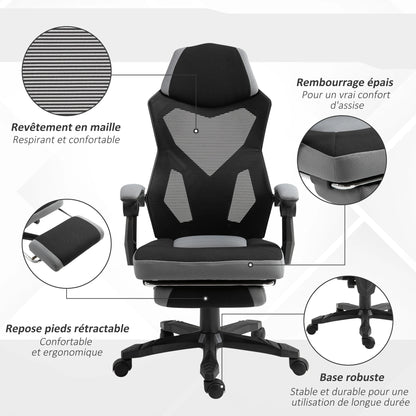 Ergonomic Gaming Office Chair with Footrest, Adjustable Height Swivel Computer Chair, Mesh Reclining Chair with Armrests for Home & Work