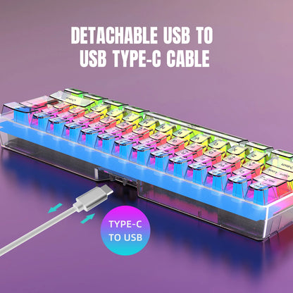 Teclado gaming transparente con cable HXSJ 60%, retroiluminación RGB, ultracompacto, resistente al agua, teclado compacto pequeño de 61 teclas para PC/Mac