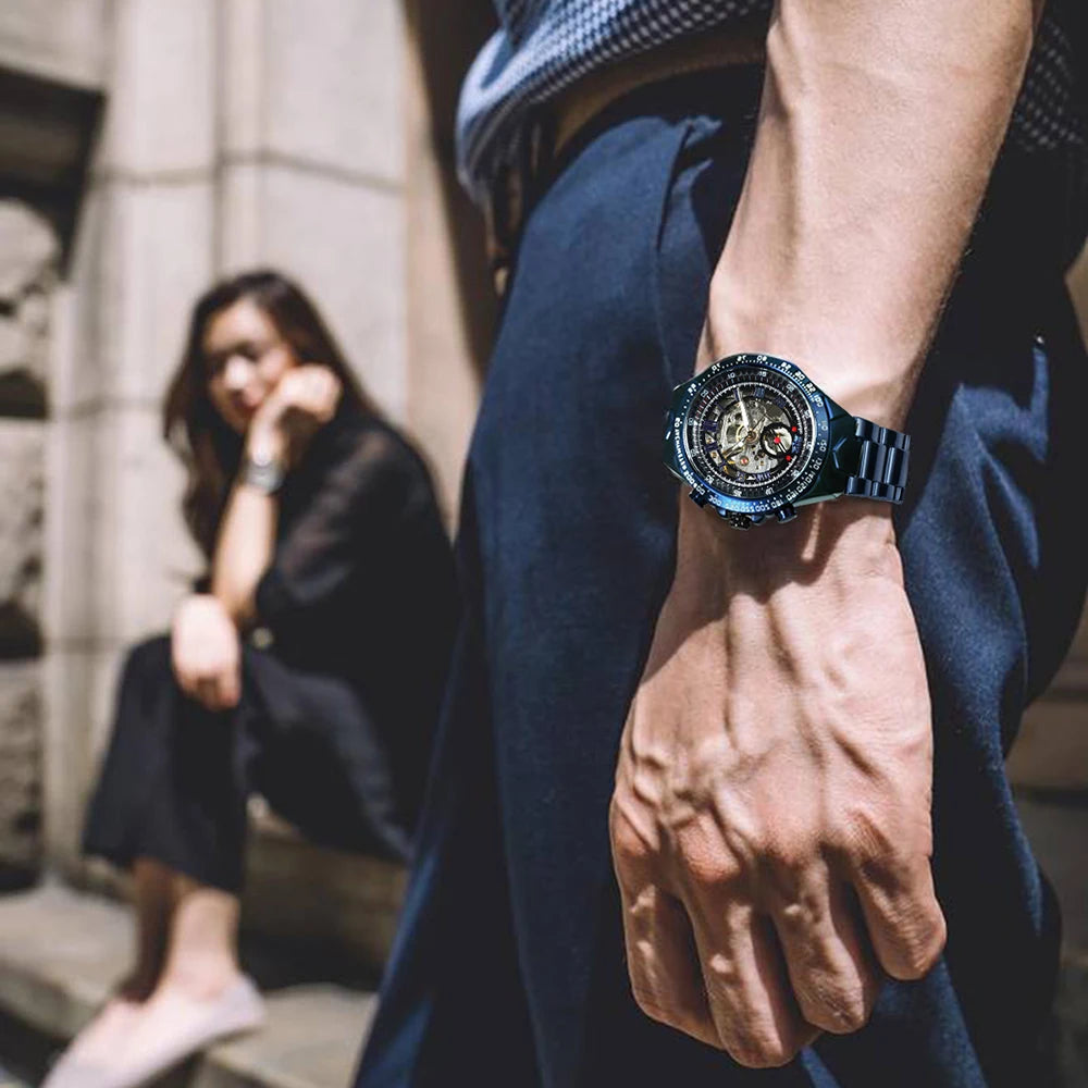 Reloj automático para hombre WINNER: modelo esqueleto transparente, agujas luminiscentes, correa de acero inoxidable, reloj mecánico de marca de lujo