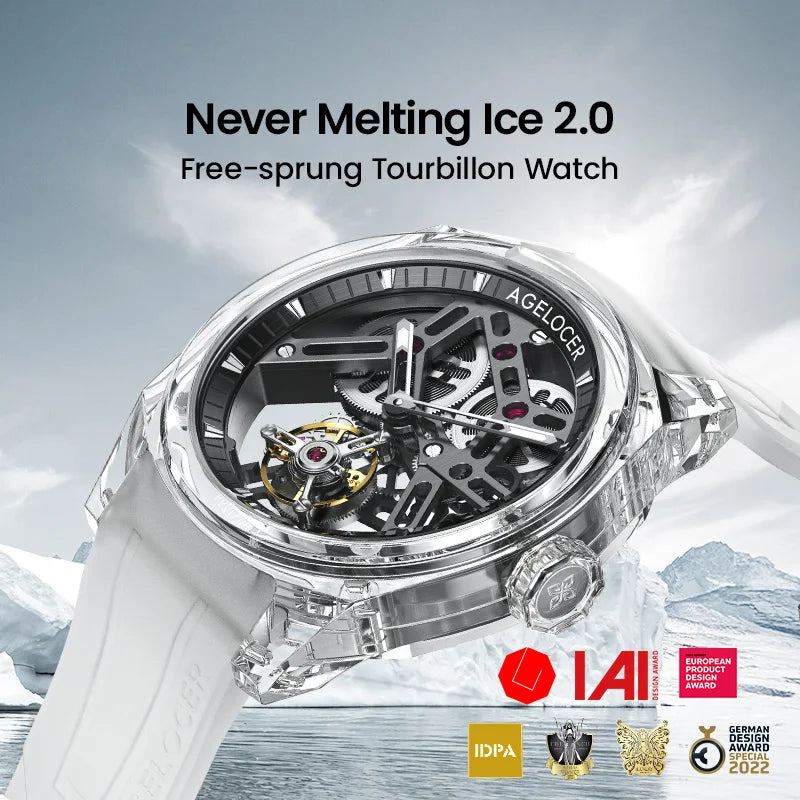 AGELOCER Limited Edition „Ice Never Melts“ Luxuriöse mechanische Handaufzugsuhr mit Free-sprung Crystal Tourbillon