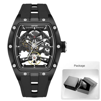 Relógio de pulso automático MEGIR para homem, com bracelete em silicone preto, impermeável, luminoso, desportivo e mecânico, com mostrador tonneau 2242