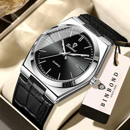 Montre-bracelet à quartz de luxe BINBOND pour homme – Étanche, lumineuse, avec date automatique – Style professionnel, sportif, tendance et décontracté – Bracelet en cuir