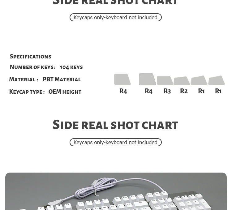 104 Tasten Koreanische, französische, russische, spanische und deutsche hintergrundbeleuchtete Tastenkappen für mechanische Tastaturen mit MX-Switches, OEM-Profil, ABS-Keycaps, DIY