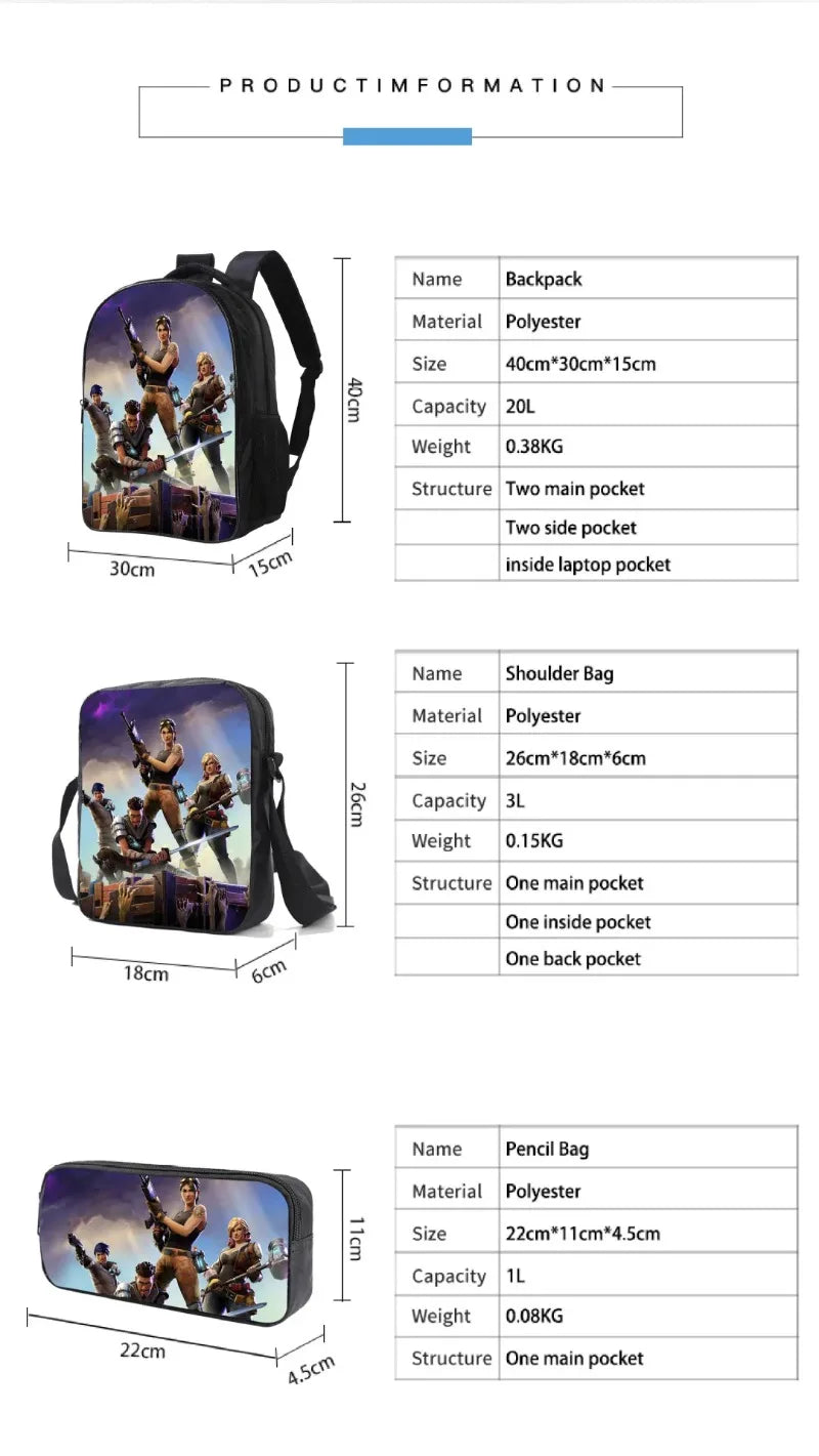 Fortnited 3PCS Backpack for Boys Victory Game 16 Inch Water Resistant Preschool Knapsack Cool Elementary School Backpacks