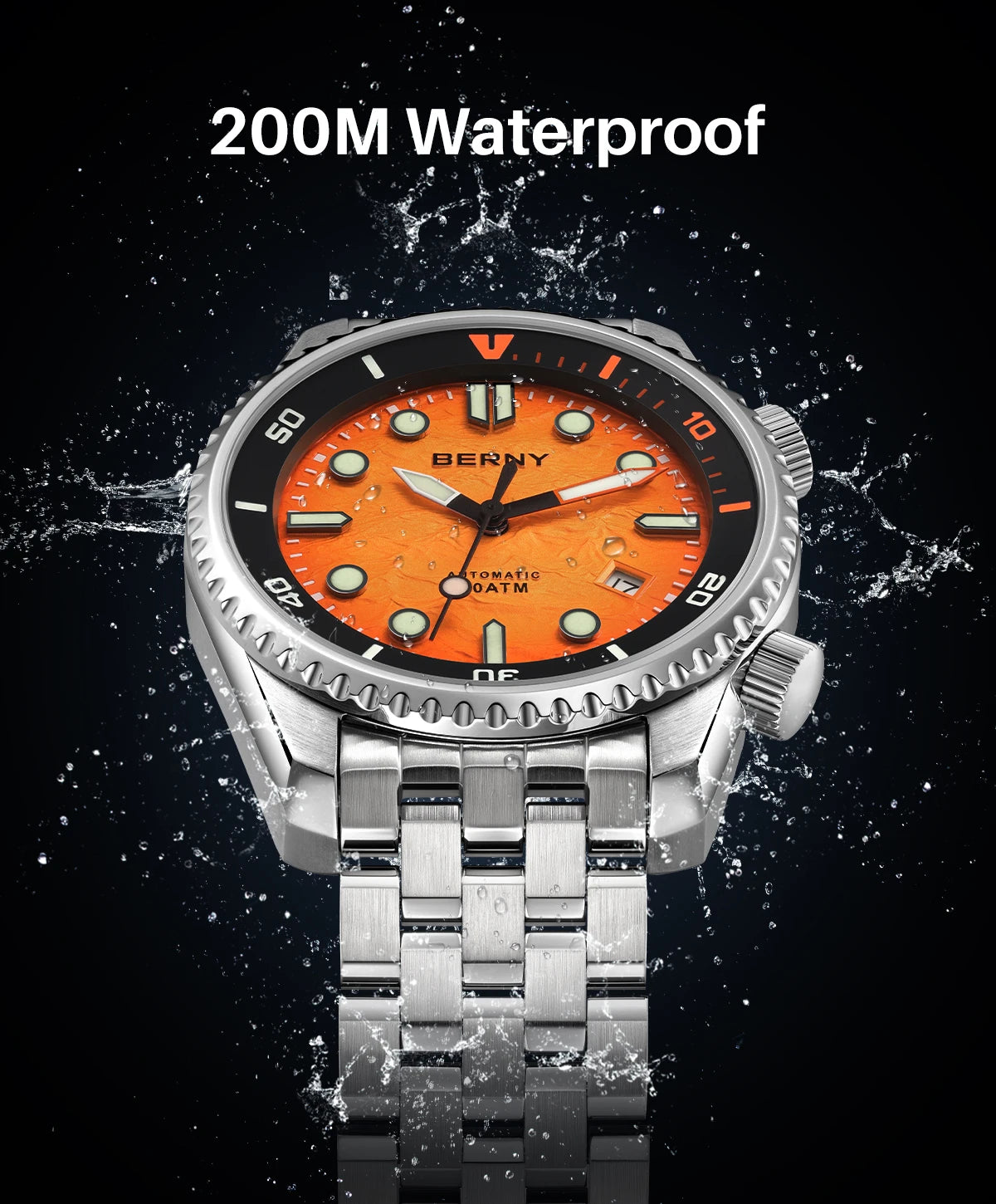 BERNY Diver Automatic Watches Men's Luxury Sapphire 316L Stainless Steel Mechanical Watch 42MM 200M Waterproof Diving Men's Watch