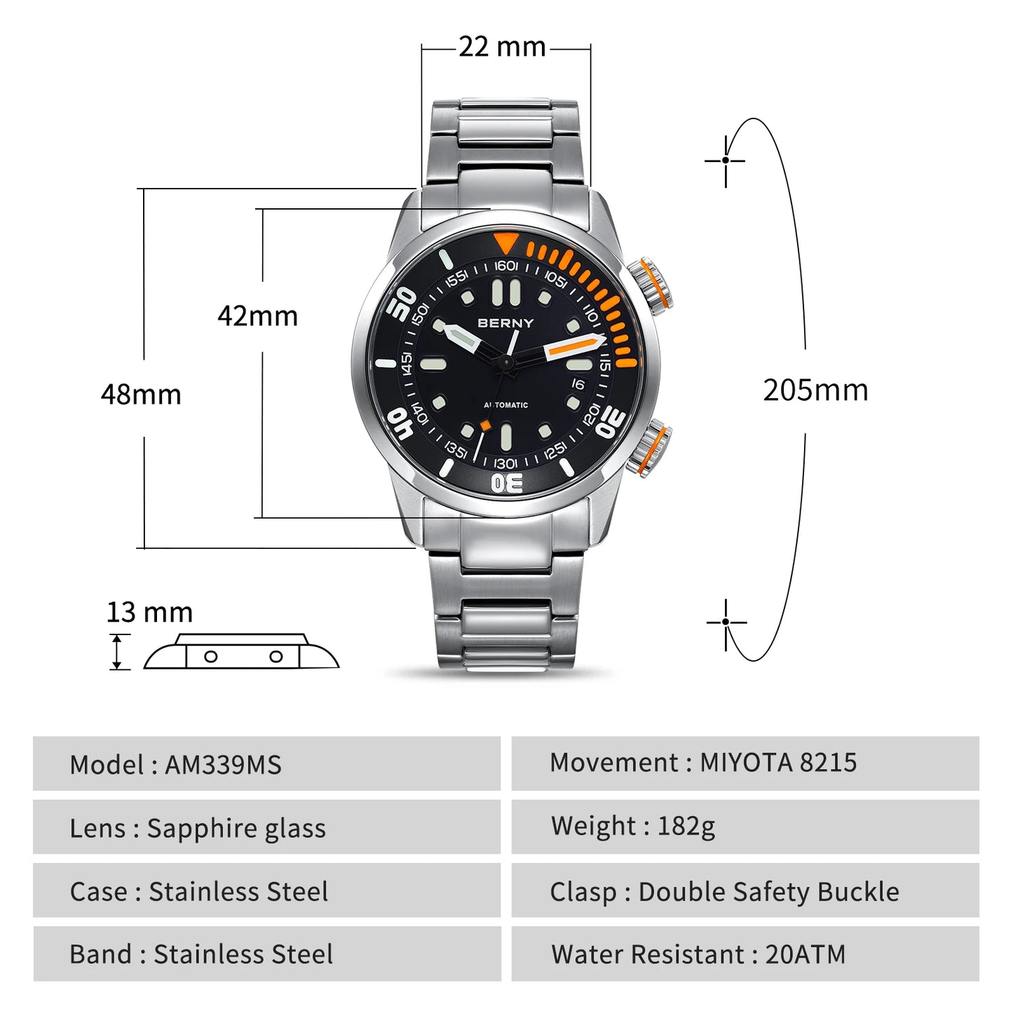 BERNY Automatic Dive Watch for Men Super Luminous 20ATM Diver Wristwatch Original Top Sapphire Swim Sport Mechanical Male Watch