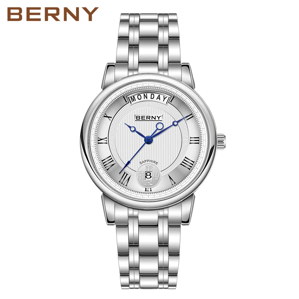 BERNY Women Watch Ladies Quartz Roman Numerals Day Top Calendar Watches Sapphire Glass Solid Steel Strap Women Wristwatch
