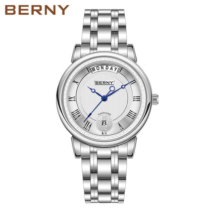 BERNY Women Watch Ladies Quartz Roman Numerals Day Top Calendar Watches Sapphire Glass Solid Steel Strap Women Wristwatch