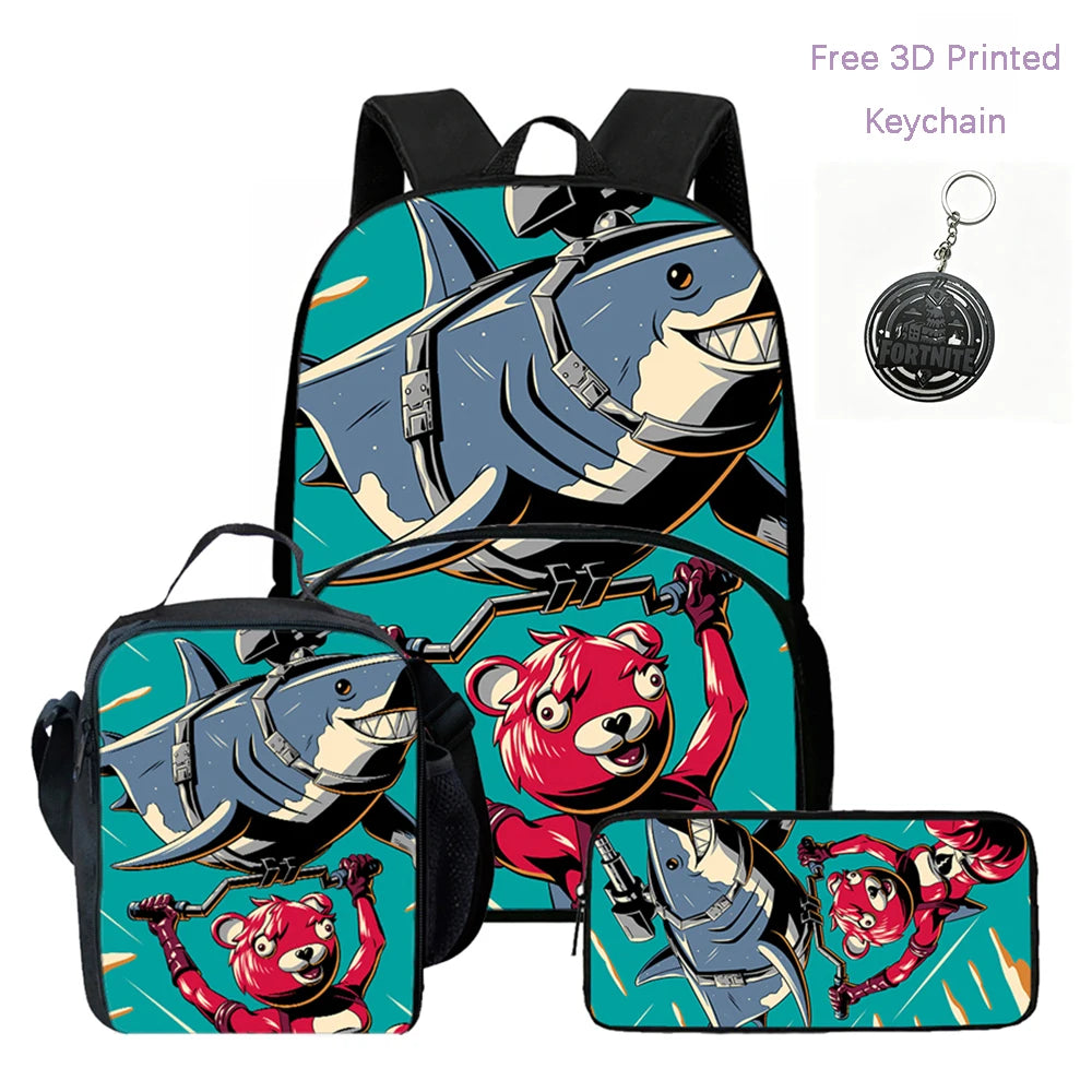 Conjunto FORTNITE leve de 3 peças: mochila com bolso frontal, lancheira e estojo, com porta-chaves 3D impresso grátis, para meninos, meninas e crianças dos 5 aos 10 anos