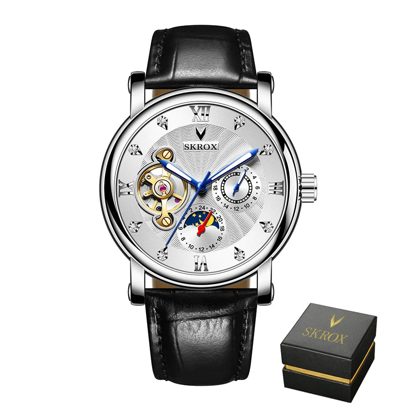 Montre mécanique automatique de luxe pour homme, signée par une grande marque, dotée d'un tourbillon, d'une phase de lune et de diamants – une montre-bracelet élégante.