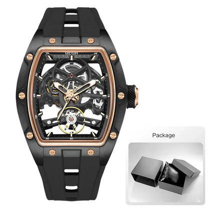 Relógio de pulso automático MEGIR para homem, com bracelete em silicone preto, impermeável, luminoso, desportivo e mecânico, com mostrador tonneau 2242