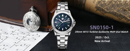 San Martin 39mm Miyota 9015 Turbine Guilloche MOP Dial Men Luxury Watch Automatic 3H Date Quick Adjust BGW-X1 Luminous SN0150-1