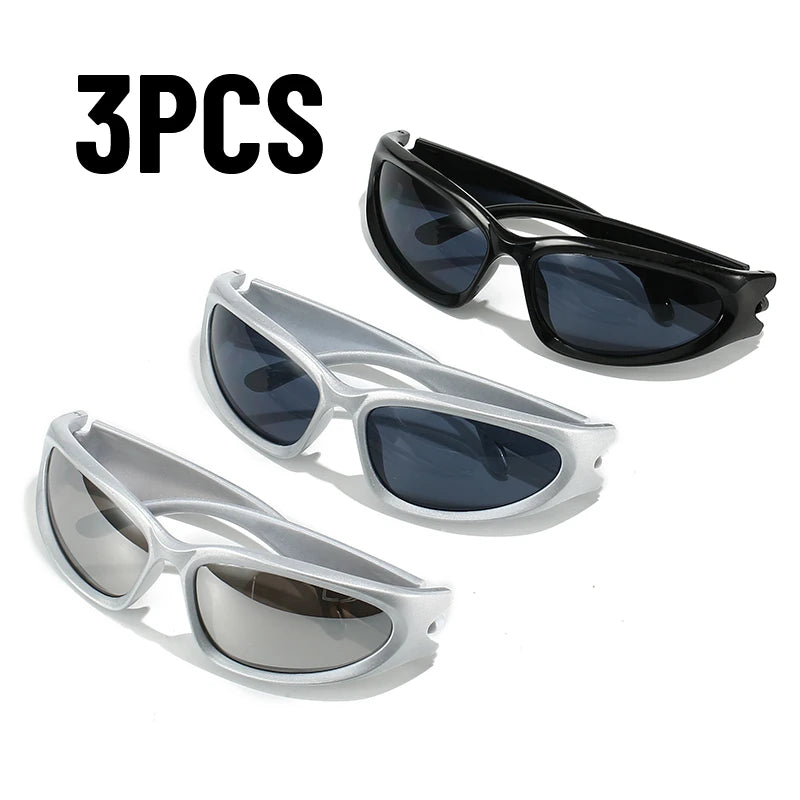 Y2K Wrap Around Sunglasses Fashion Rave Metallic Chrome Space Alien Glasses Futuristic Shades Sports for Women Men