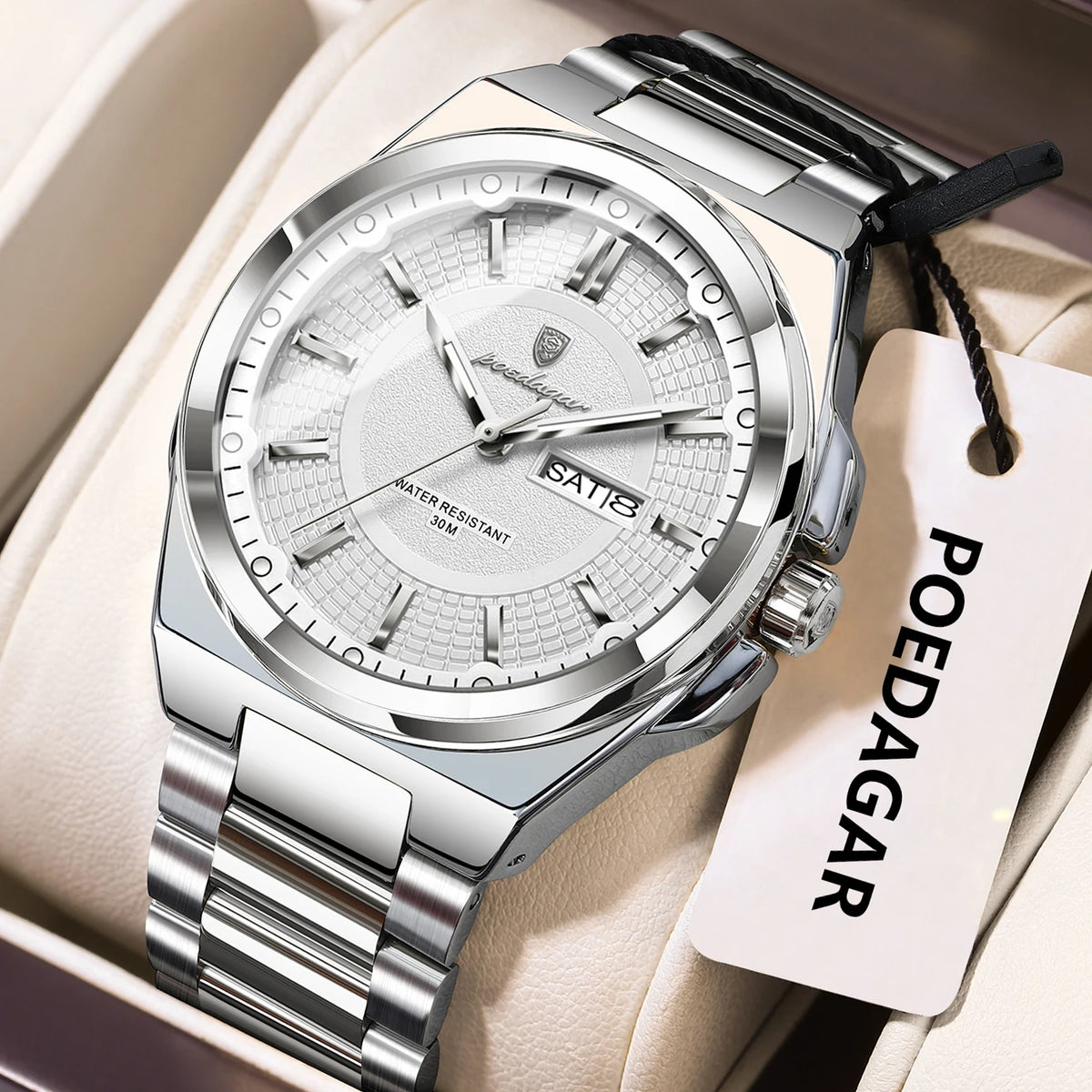 Montre-bracelet de luxe POEDAGAR Sport Original pour homme, à quartz, avec date et jour de semaine, étanche et lumineuse, en acier inoxydable.