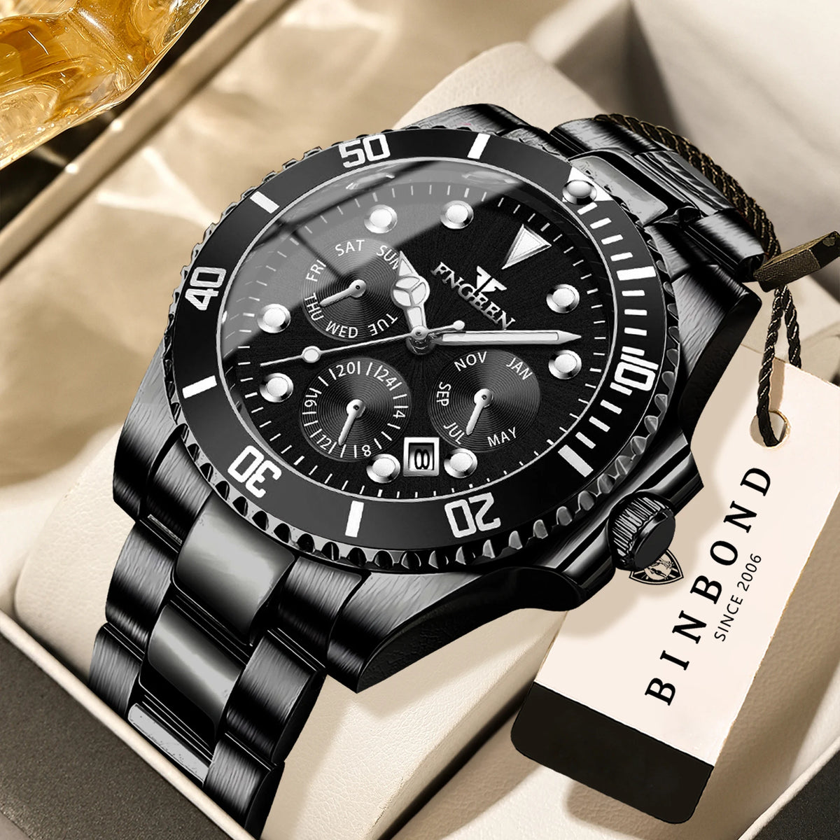 Montre à quartz de luxe pour homme BINBOND, précise, avec date automatique, lumineuse, étanche, idéale pour le sport, les affaires et les loisirs. Résistante et durable.