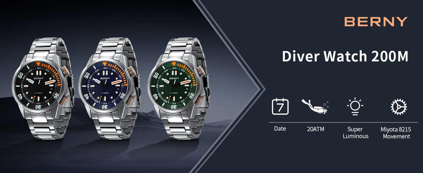 BERNY Automatic Dive Watch for Men Super Luminous 20ATM Diver Wristwatch Original Top Sapphire Swim Sport Mechanical Male Watch