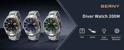 BERNY Automatic Dive Watch for Men Super Luminous 20ATM Diver Wristwatch Original Top Sapphire Swim Sport Mechanical Male Watch