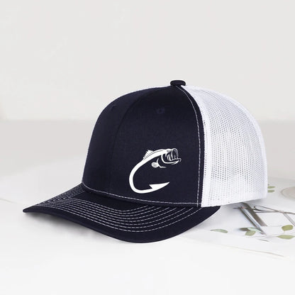 Bass Fish Hook Print Trucker Hat Adjustable Unisex Mesh Fishing Fan Sun Hat