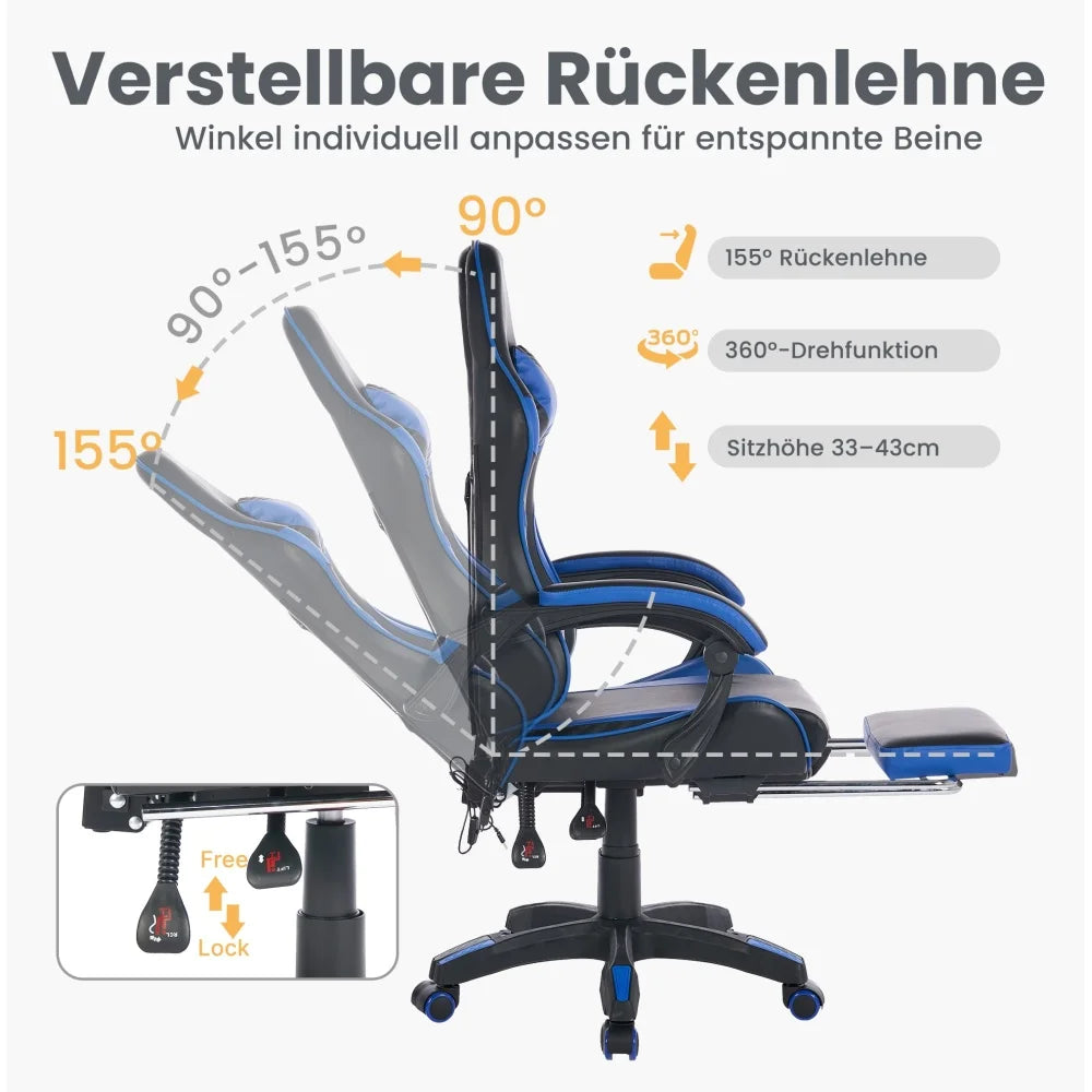 Ergonomic Rotating Gaming Chair, 360° Reclining Office Chair, Pivoting, Height-Adjustable, Footrest, Headrest